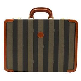 Fendi-Fendi Vintage Leather & Striped Fabric Briefcase-Brown