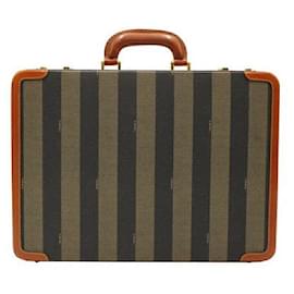 Fendi-Fendi Vintage Leather & Striped Fabric Briefcase-Brown