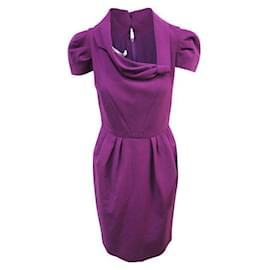 Oscar de la Renta-Oscar De La Renta Purple Pleated Short Sleeve Midi Dress-Purple