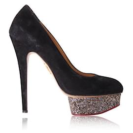Charlotte Olympia-CHARLOTTE OLYMPIA Black Suede Sequins Pumps-Black
