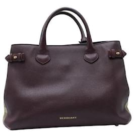 Burberry-Burberry Dark Purple Grained Leather Tote - Checked Pattern On Sides-Purple