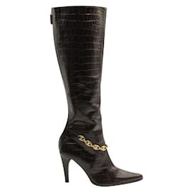 Céline-Celine Brown Croc Embossed Leather Boots with Gold Chain-Brown