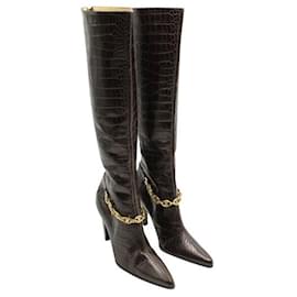 Céline-Celine Brown Croc Embossed Leather Boots with Gold Chain-Brown