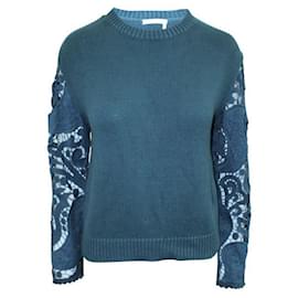 Autre Marque-CONTEMPORARY DESIGNER Sea Blue Knitted Sweater with Embroidered Sleeves-Blue