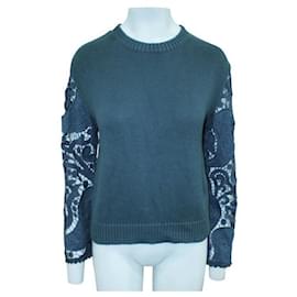 Autre Marque-CONTEMPORARY DESIGNER Sea Blue Knitted Sweater with Embroidered Sleeves-Blue