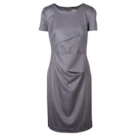 Donna Karan-DONNA KARAN Grey Wool Pleated Round Neck Sleeved Dress-Grey