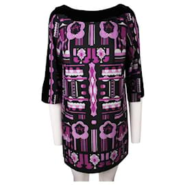 Anna Sui-ANNA SUI Dolly Girl Black & Purple Printed Dress with Velvet Boat Neck-Multiple colors