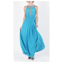 Autre Marque-DISEÑADOR CONTEMPORÁNEO Vestido turquesa de manga larga con adornos-Azul