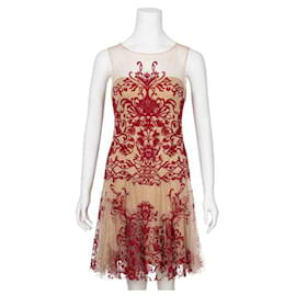Marchesa-MARCHESA Embroidery Detail Mesh Flowy Dress-Flesh
