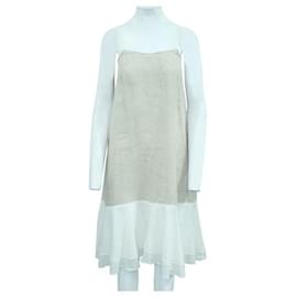 Autre Marque-CONTEMPORARY DESIGNER Ivory/ Light Brown Linen Dress-Cream