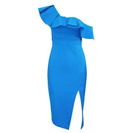 Autre Marque-CONTEMPORARY DESIGNER Sheike One Sleeve Blue Ruffled Dress-Blue