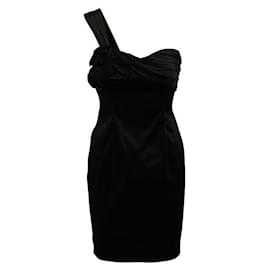 Autre Marque-Contemporary Designer Black Satin One Sleeve Elegant Mini Dress-Black