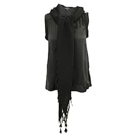 Autre Marque-CONTEMPORARY DESIGNER Black Silk Top with attached Fringed Scarf-Black