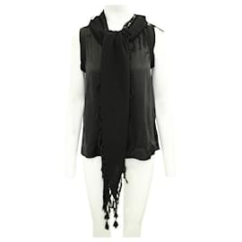 Autre Marque-CONTEMPORARY DESIGNER Black Silk Top with attached Fringed Scarf-Black