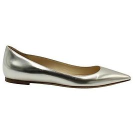 Jimmy Choo Mirror Silver Leather Romy Flats Silvery