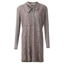 Valentino-Valentino Grey Pussy Bow Lace Sweater Dres-Cinza