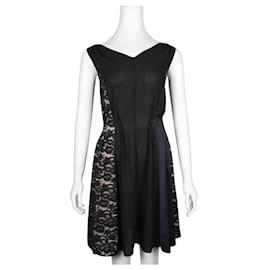 Nina Ricci-Nina Ricci Black & Blue V-Neck Dress with Lace Side Panels-Black