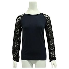 Diane Von Furstenberg-Diane Von Furstenberg Navy Silk And Black Lace Sweater-Navy blue