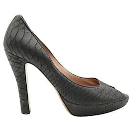 Autre Marque-Contemporary Designer Dark Grey Snakeskin Embossed Peep-Toe Heels-Grey
