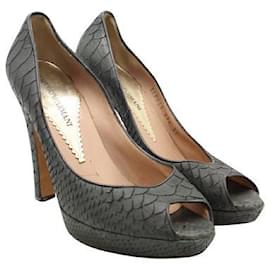 Autre Marque-Contemporary Designer Dark Grey Snakeskin Embossed Peep-Toe Heels-Grey