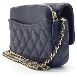 Chanel-Chanel  Caviar Phone Holder Crossbody Bag-Navy blue