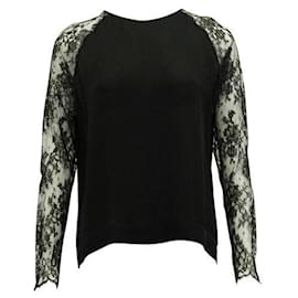 Autre Marque-Contemporary Designer Black Silk Top With Lace Sleeves-Black