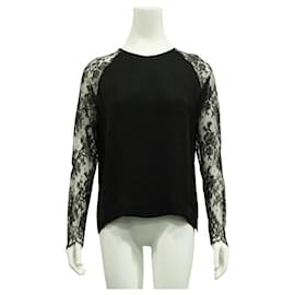 Autre Marque-Contemporary Designer Black Silk Top With Lace Sleeves-Black