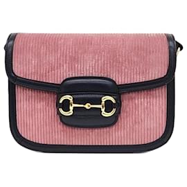 Gucci-Gucci  Corduroy 1955 Horsebit Shoulder Bag (602204)-Pink,Navy blue