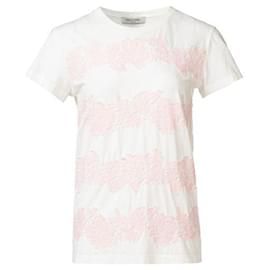 Valentino-Camiseta rosa de algodón con ribete de encaje de Valentino-Blanco
