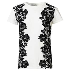 Valentino-T-shirt en coton noir à finitions en dentelle Valentino-Blanc