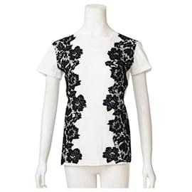 Valentino-Camiseta negra de algodón con ribete de encaje de Valentino-Blanco