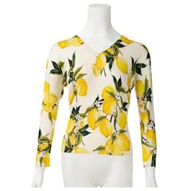 Dolce & Gabbana-Suéter Dolce & Gabbana Cream Lemon Print Cashmere e seda com decote em V-Amarelo