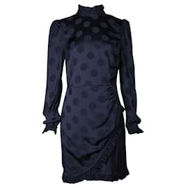 Autre Marque-Marineblaues drapiertes Kleid mit Polka Dot-Muster und gepolsterten Schultern-Marineblau