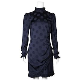 Autre Marque-Marineblaues drapiertes Kleid mit Polka Dot-Muster und gepolsterten Schultern-Marineblau