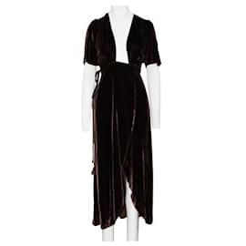 Reformation-Reformation Dark Brown Velvet Wrap Midi Dress-Brown