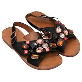 Marni-Black & Multicolor Marni Ponyhair Rhinestone-Embellished Sandals Size 37.5-Black