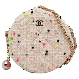 Chanel-Beigefarbene, runde Umhängetasche aus Tweed von Chanel CC-Beige