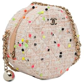 Chanel-Beigefarbene, runde Umhängetasche aus Tweed von Chanel CC-Beige