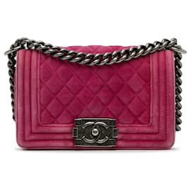 Chanel-Bolsa pequena Chanel rosa com aba de veludo para menino-Rosa