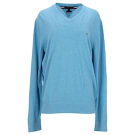 Tommy Hilfiger-Suéter masculino de algodão orgânico e seda com decote em V-Azul,Azul claro