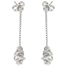 David Yurman-David Yurman Boucles d'oreilles pendantes avec chaîne à diamants croisés en argent sterling 0.22 ctw-Argenté,Métallisé