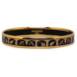 Hermès-Bracelet Hermes en émail étroit noir-Noir,Doré