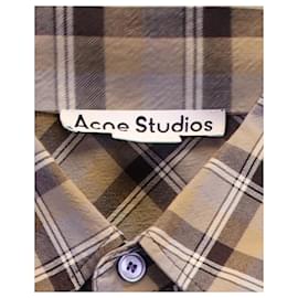 Acne-Acne Studios Oversized Logo-Embroidered Checked Shirt in Brown Cotton-Brown