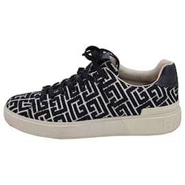 Balmain-Balmain B-Court Monogram Sneakers in Black Canvas-Black