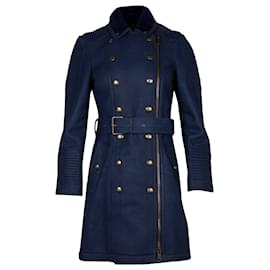 Burberry-Burberry Brit Mid-length Shearling Biker Trench Coat in Navy Blue Lamb Shearling-Blue,Navy blue