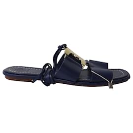 Tory Burch-Tory Burch Flat Sandals with Gold Hardware in Blue Leather-Blue