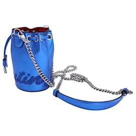 Christian Louboutin-Christian Louboutin Mini Marie Jane Bucket Bag in Metallic Blue Leather-Blue