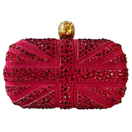 Alexander Mcqueen-Alexander McQueen Britannia Crystal Embellished Skull Clutch Bag in 'Dark Cherry' Red Suede-Red