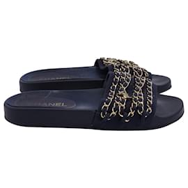 Chanel-Chanel Tropiconic Chain Slide Sandals in Navy Blue Canvas-Navy blue