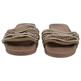 Chanel-Chanel Interlocking CC Pearl and Chain Slide Sandals in Beige Wool Felt-Beige